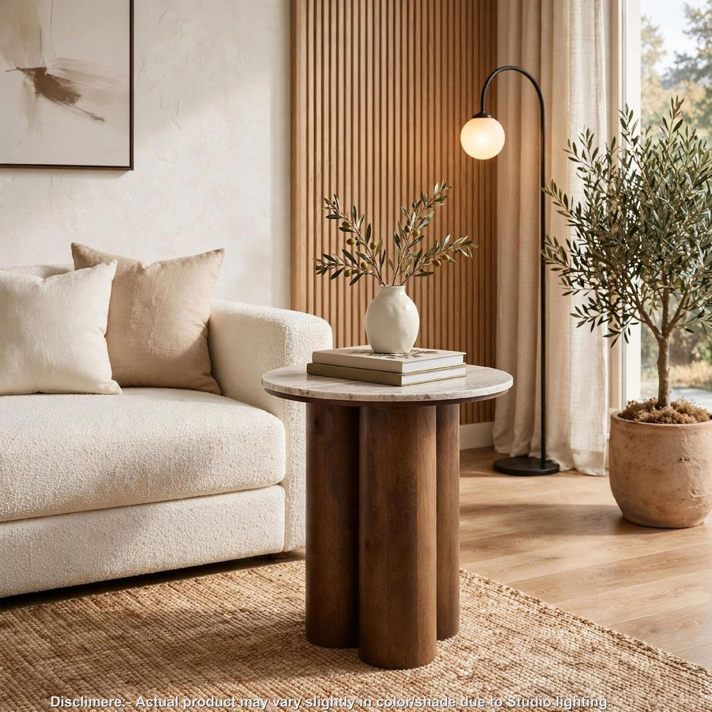 Ziana Cylindrical Accent Table with Beige Marble Top, Brown Wood 23 Inch - BM355676