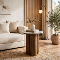 Ziana Cylindrical Accent Table with Beige Marble Top, Brown Wood 23 Inch - BM355676