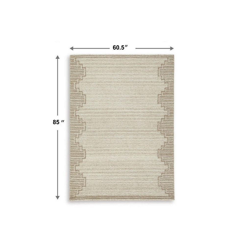Emery Medium Area Rug with Brown Stepped Border Design, Beige Tufted Wool 5x7