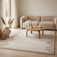 Emery Medium Area Rug with Brown Stepped Border Design, Beige Tufted Wool 5x7
