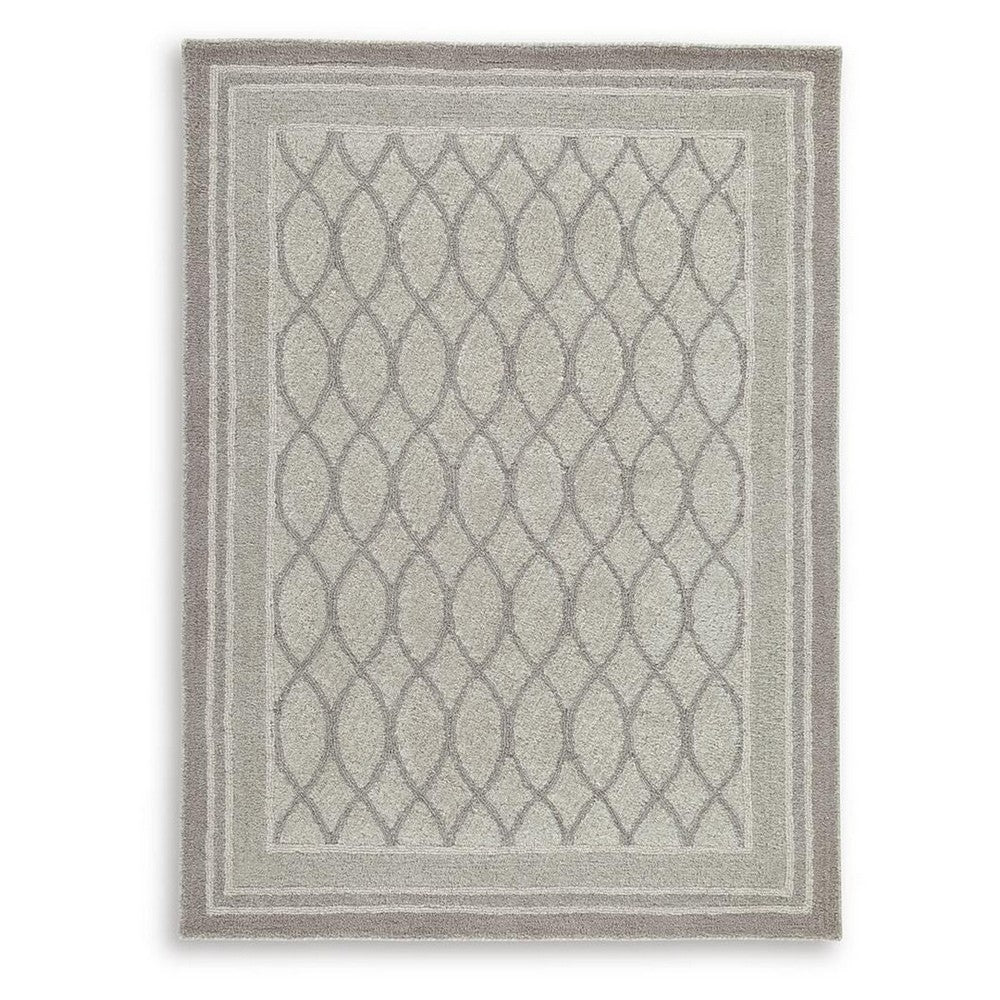 Winie Medium Area Rug with Trellis Motifs, Bordered Design, Gray Tufted Wool 5x7