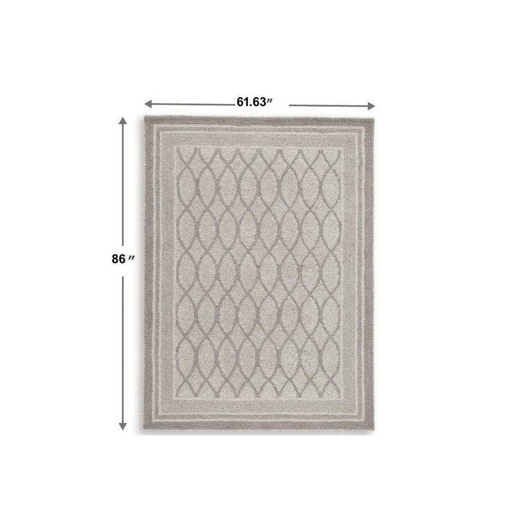 Winie Medium Area Rug with Trellis Motifs, Bordered Design, Gray Tufted Wool 5x7