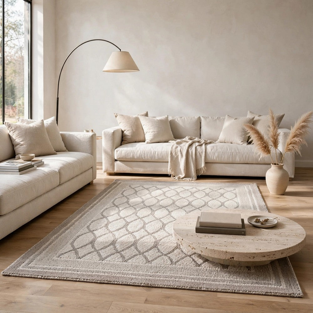Winie Medium Area Rug with Trellis Motifs, Bordered Design, Gray Tufted Wool 5x7