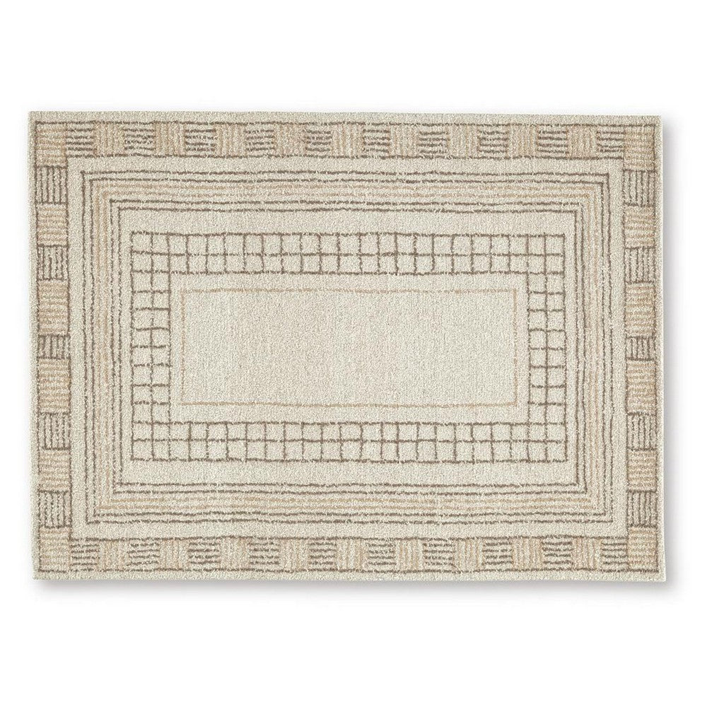 Adam Hand-Tufted Medium Area Rug with Brown Geometric Border, Taupe Wool-Jute 5x7