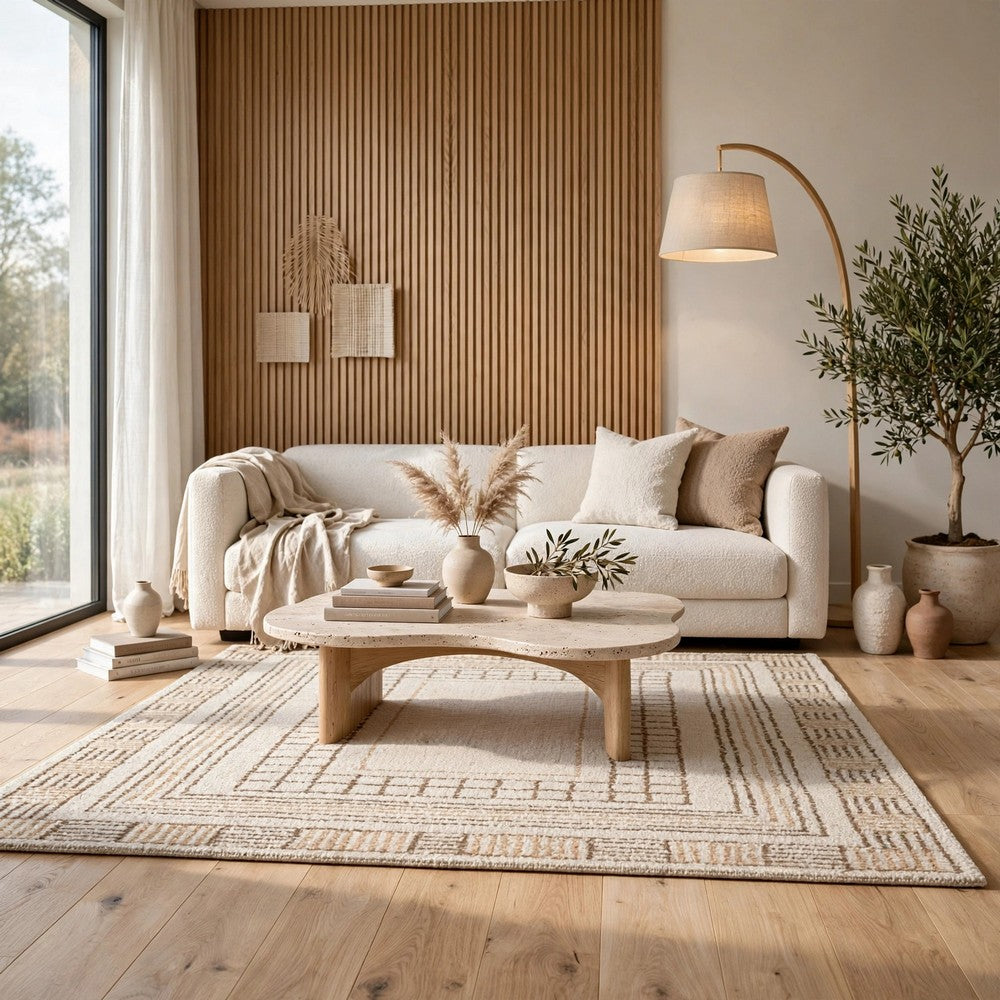 Adam Hand-Tufted Medium Area Rug with Brown Geometric Border, Taupe Wool-Jute 5x7