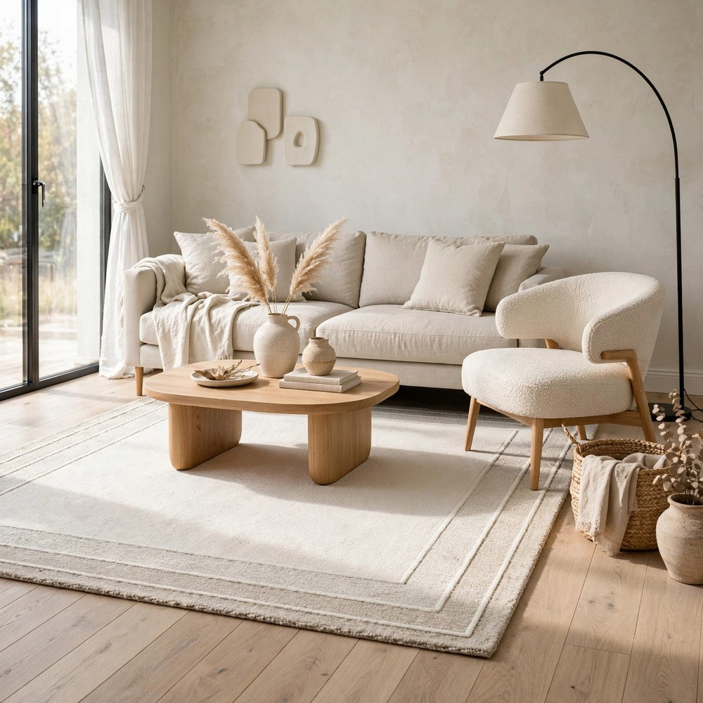 Teena Hand-Tufted Medium Area Rug with Tan Bordered Patterns, Ivory Wool 5x7