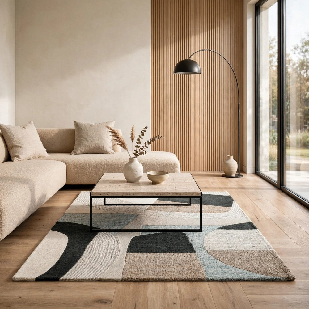 Edric Medium Area Rug, Abstract Geometric Designs, Multicolor Wool-Polyester 5x7