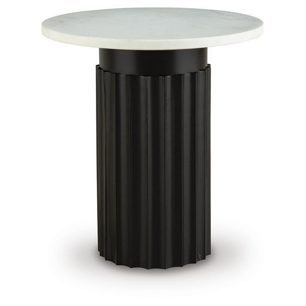 Waina Accent Table with White Marble Top, Black Fluted Metal Frame 20 Inch