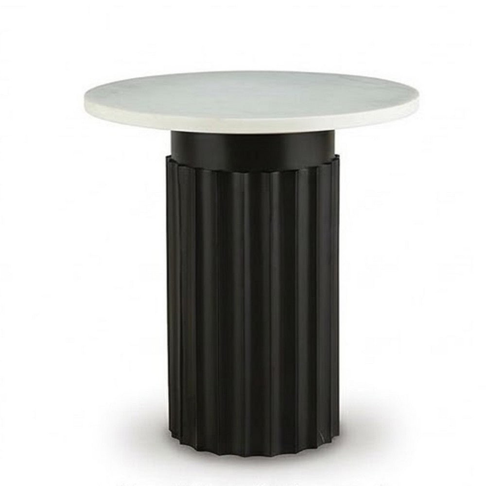 Waina Accent Table with White Marble Top, Black Fluted Metal Frame 20 Inch