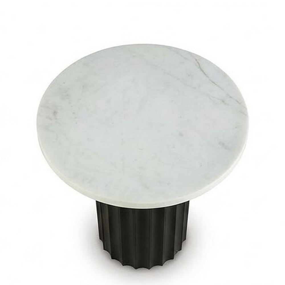 Waina Accent Table with White Marble Top, Black Fluted Metal Frame 20 Inch