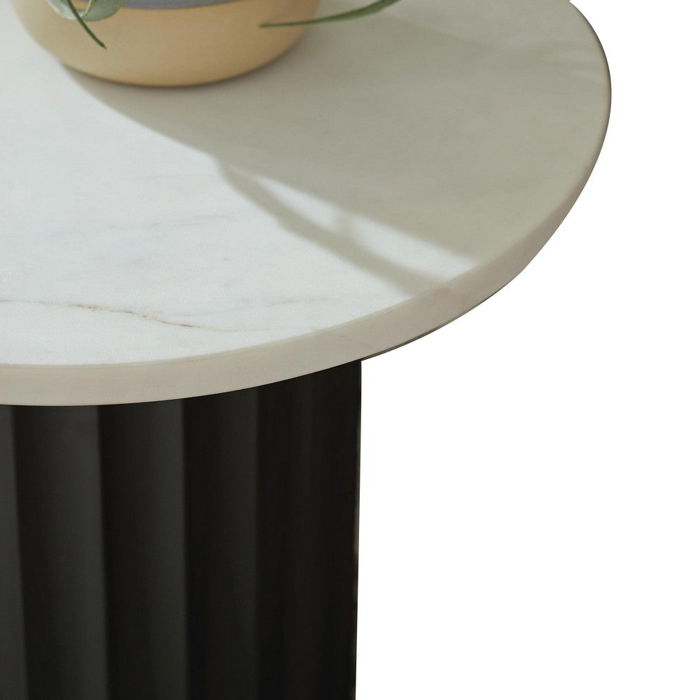Waina Accent Table with White Marble Top, Black Fluted Metal Frame 20 Inch