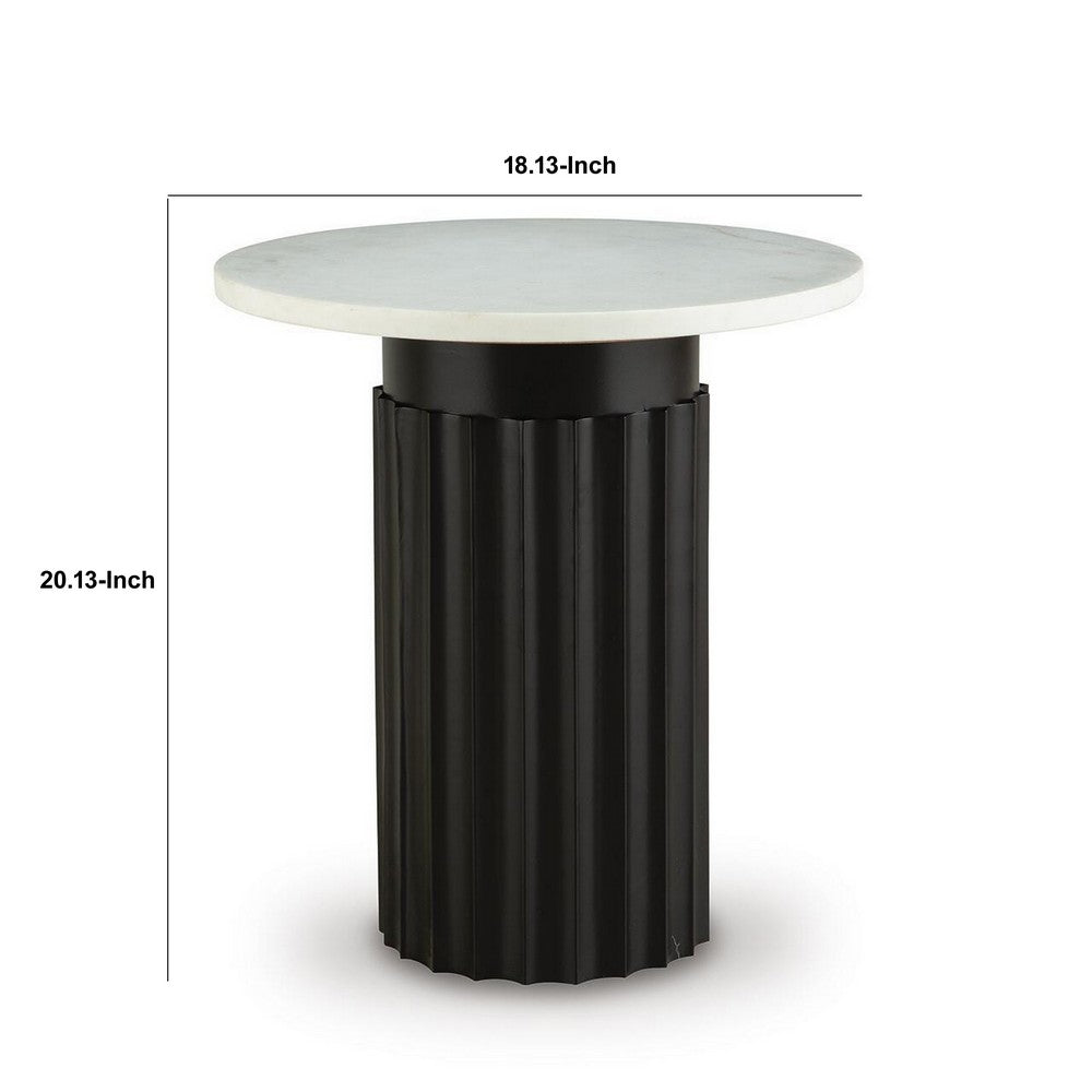Waina Accent Table with White Marble Top, Black Fluted Metal Frame 20 Inch