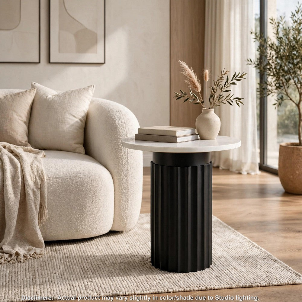 Waina Accent Table with White Marble Top, Black Fluted Metal Frame 20 Inch