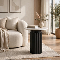 Waina Accent Table with White Marble Top, Black Fluted Metal Frame 20 Inch