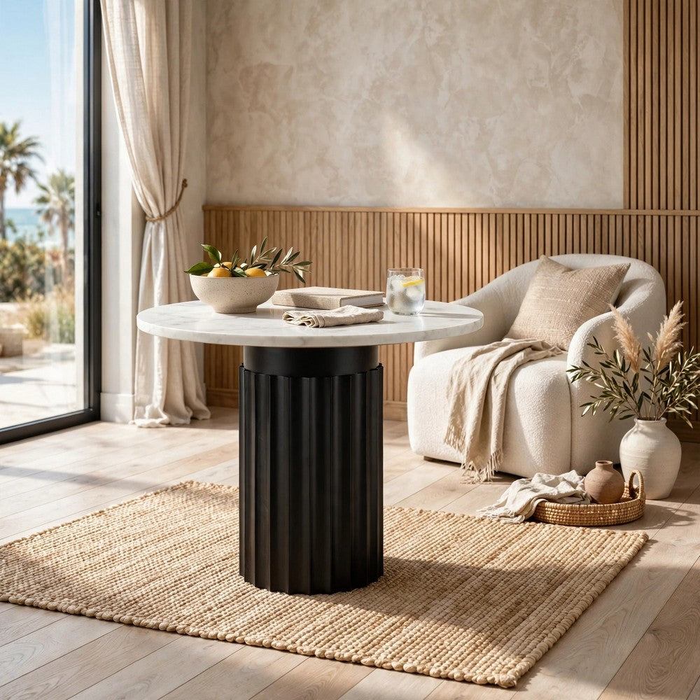 Waina Accent Table with White Marble Top, Black Fluted Metal Frame 20 Inch