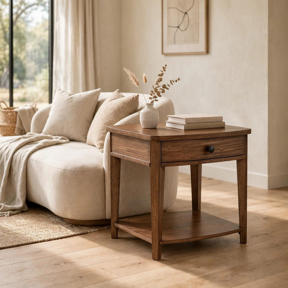 Buckly End Table, Drawer and Lower Shelf, Brown Eucalyptus-Rubberwood 26 Inch