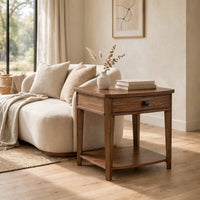 Buckly End Table, Drawer and Lower Shelf, Brown Eucalyptus-Rubberwood 26 Inch
