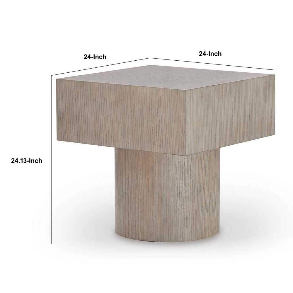 Jery End Side Table, Plinth Base, Thick Square Top, Gray Oak-Hardwood 24 Inch