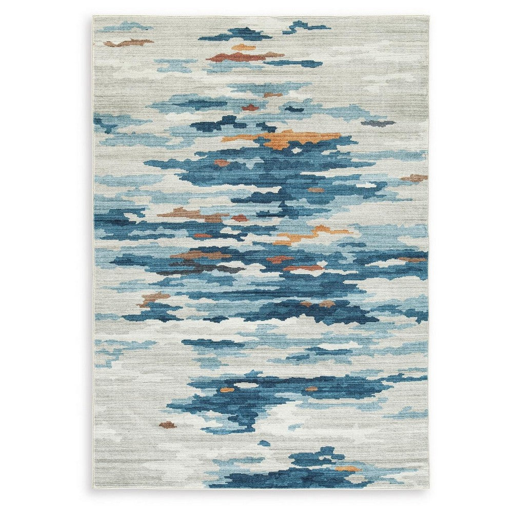 Vinly Washable Large Area Rug, Blue-Brown Abstract Design, Cream Polyester 8x10