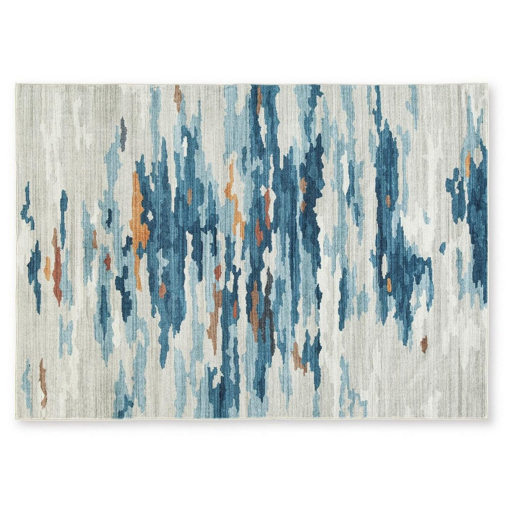 Vinly Washable Large Area Rug, Blue-Brown Abstract Design, Cream Polyester 8x10