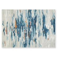 Vinly Washable Large Area Rug, Blue-Brown Abstract Design, Cream Polyester 8x10