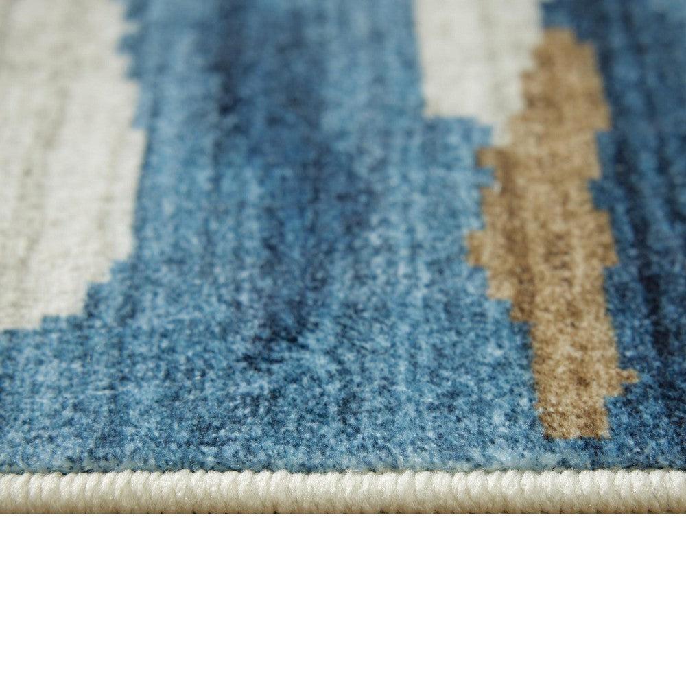 Vinly Washable Large Area Rug, Blue-Brown Abstract Design, Cream Polyester 8x10