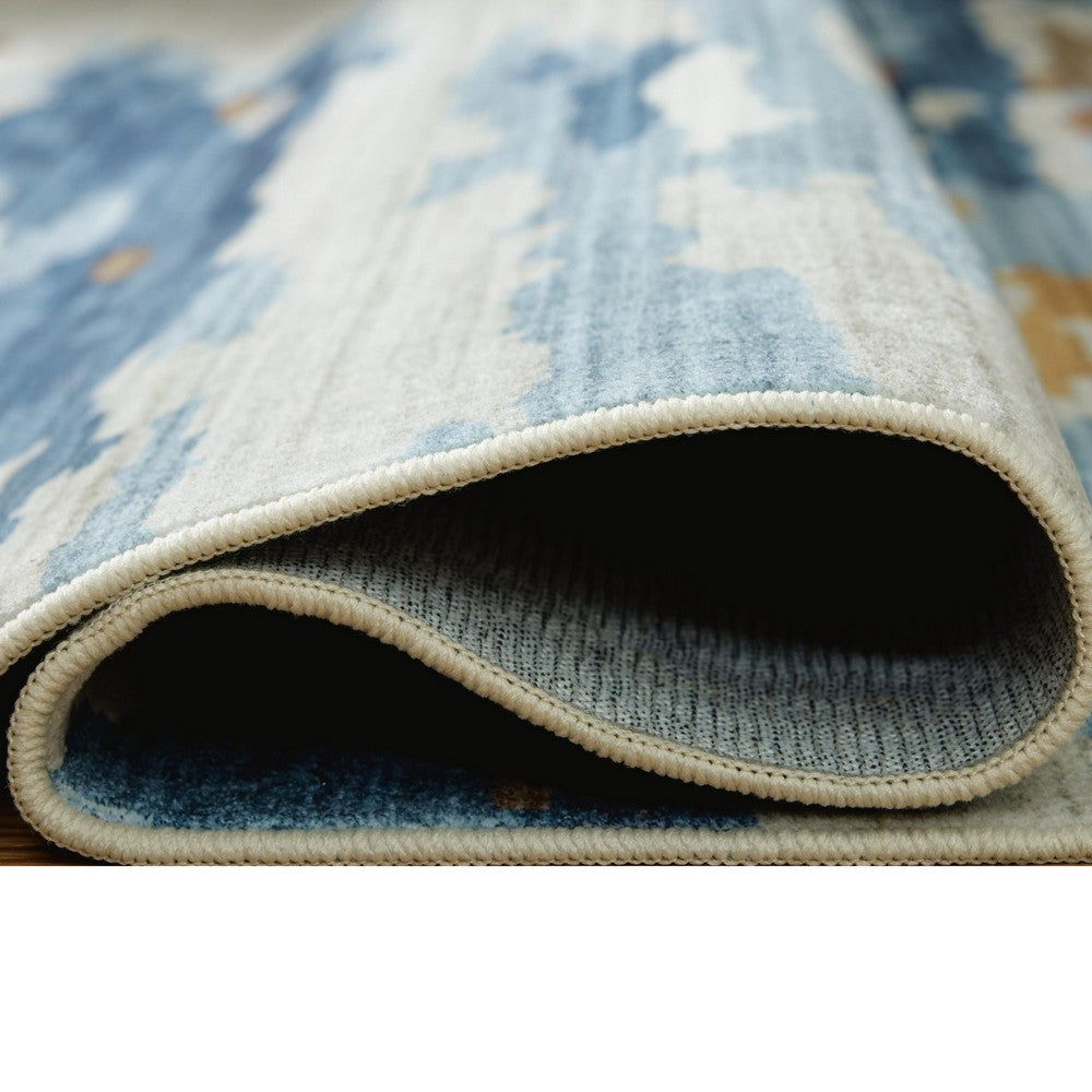 Vinly Washable Large Area Rug, Blue-Brown Abstract Design, Cream Polyester 8x10