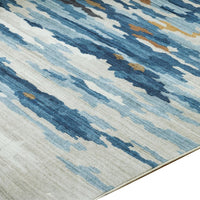 Vinly Washable Large Area Rug, Blue-Brown Abstract Design, Cream Polyester 8x10