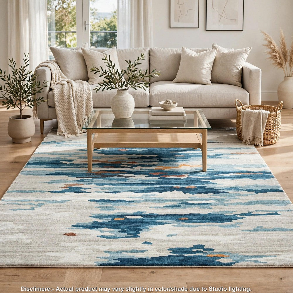 Vinly Washable Large Area Rug, Blue-Brown Abstract Design, Cream Polyester 8x10