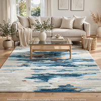 Vinly Washable Large Area Rug, Blue-Brown Abstract Design, Cream Polyester 8x10