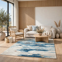 Vinly Washable Large Area Rug, Blue-Brown Abstract Design, Cream Polyester 8x10