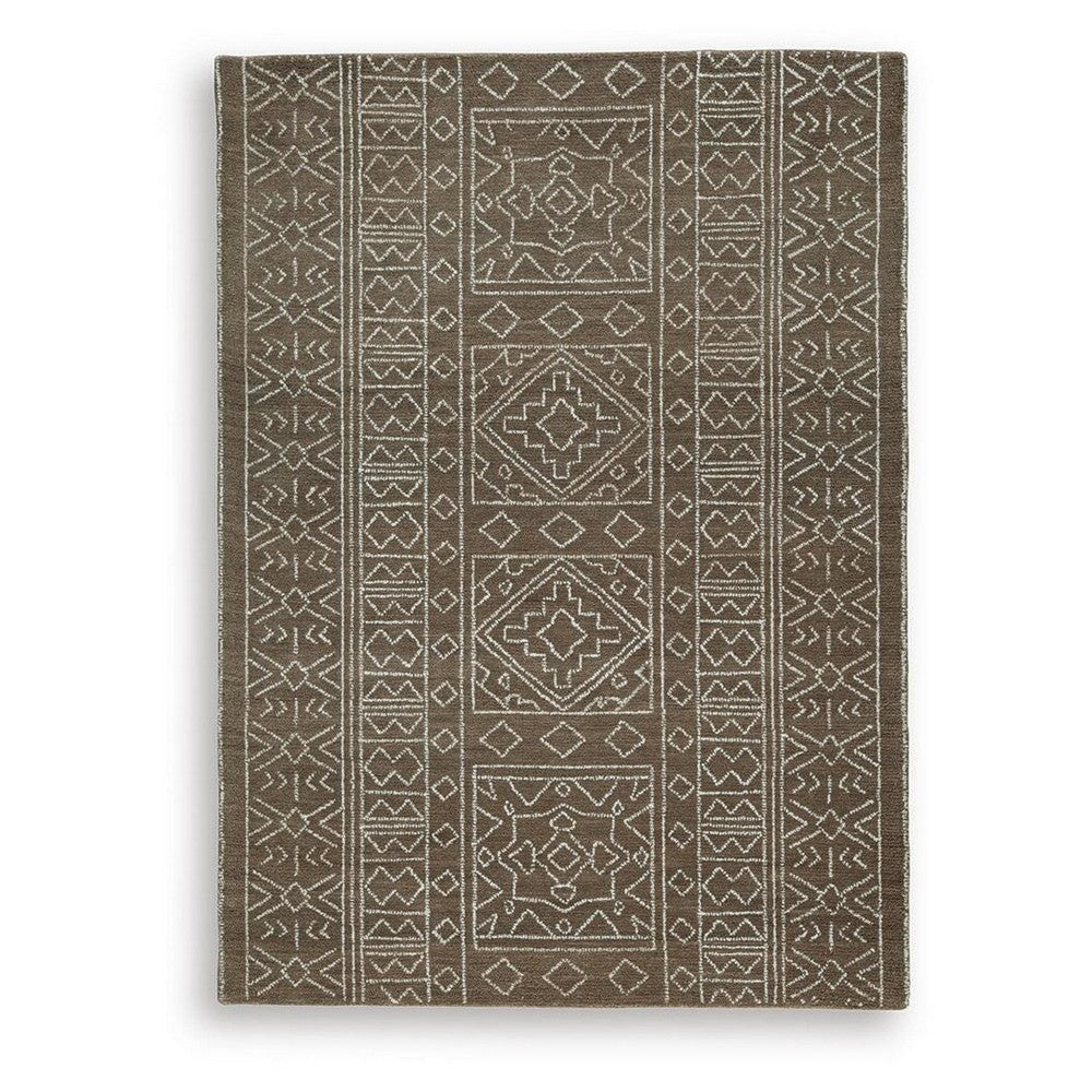 Amina Hand-Tufted Medium Rug, Ivory Geometric-Medallion Motifs, Brown Wool 5x7