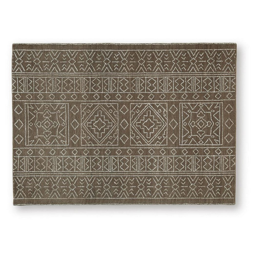 Amina Hand-Tufted Medium Rug, Ivory Geometric-Medallion Motifs, Brown Wool 5x7