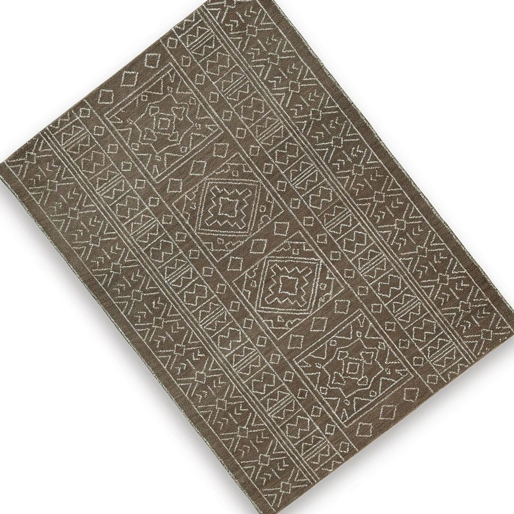 Amina Hand-Tufted Medium Rug, Ivory Geometric-Medallion Motifs, Brown Wool 5x7
