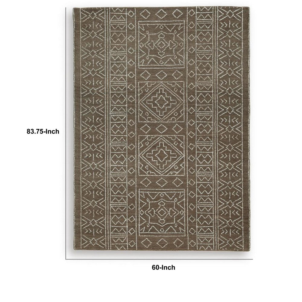 Amina Hand-Tufted Medium Rug, Ivory Geometric-Medallion Motifs, Brown Wool 5x7