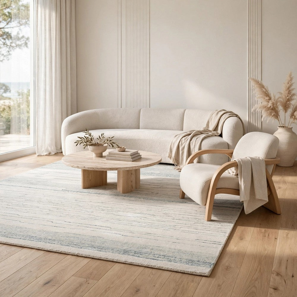 Genie Hand-Tufted Medium Area Rug, Blue Abstract Design, Ivory Wool 5x7