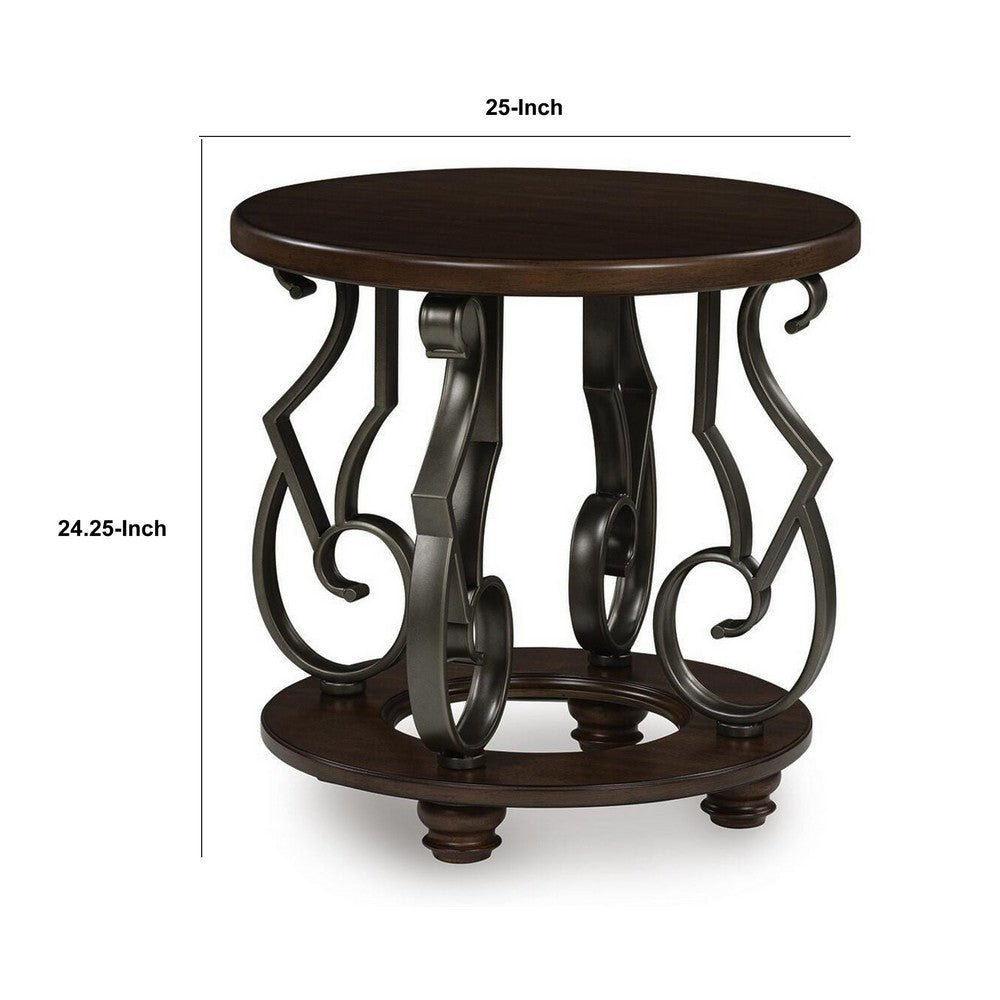 Falu Round End Table with Black Ornate Metal Base, Brown Birch Wood 25 Inch