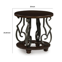 Falu Round End Table with Black Ornate Metal Base, Brown Birch Wood 25 Inch