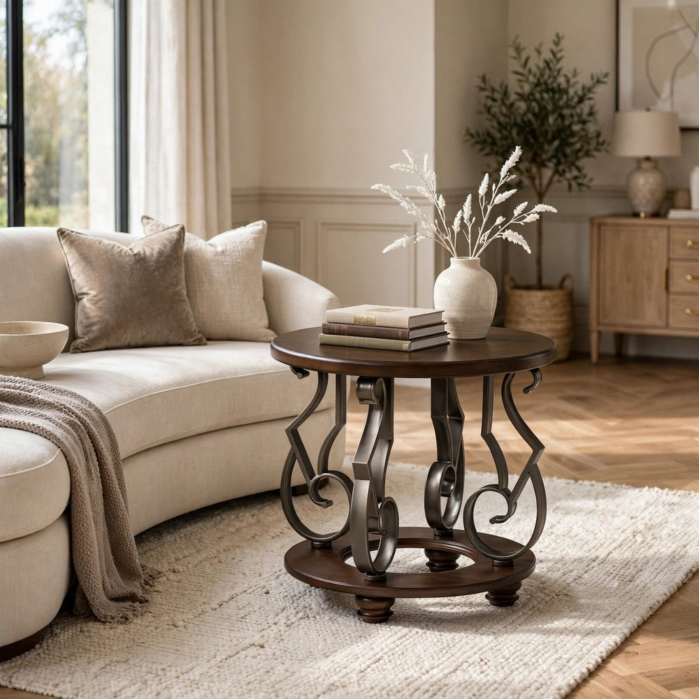 Falu Round End Table with Black Ornate Metal Base, Brown Birch Wood 25 Inch