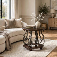 Falu Round End Table with Black Ornate Metal Base, Brown Birch Wood 25 Inch