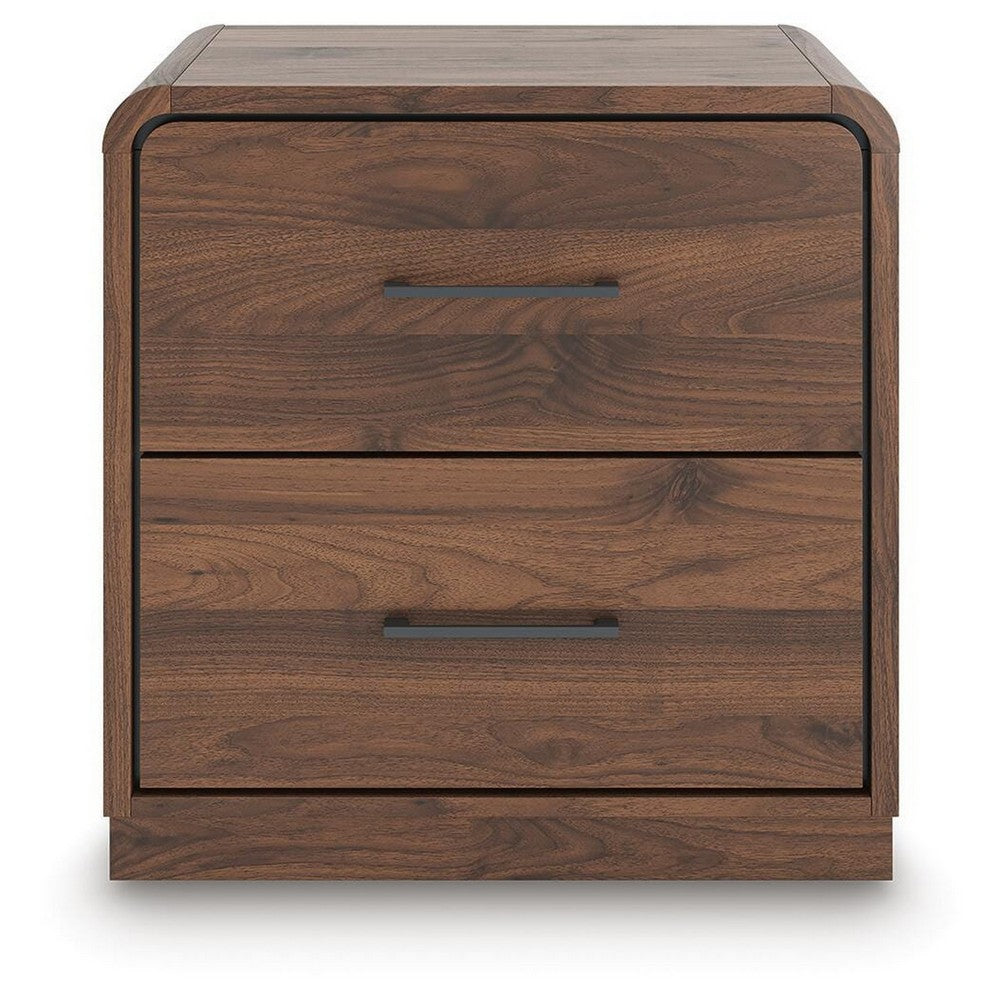 Fery Nightstand with 2 Drawers, Black Metal, Walnut Brown Wood 24 Inch-BM355697