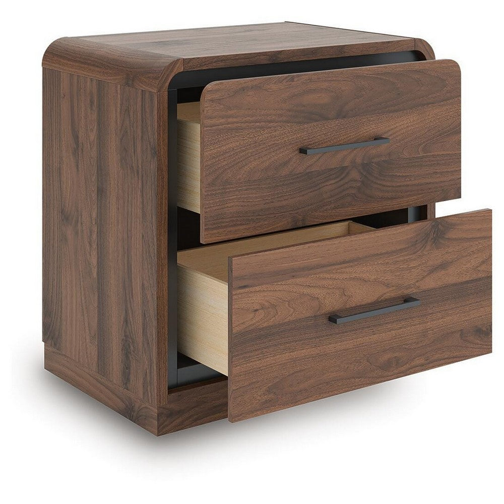 Fery Nightstand with 2 Drawers, Black Metal, Walnut Brown Wood 24 Inch-BM355697