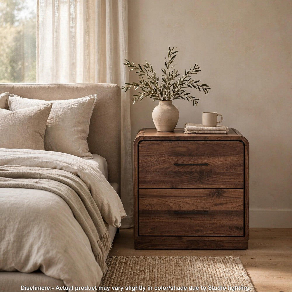 Fery Nightstand with 2 Drawers, Black Metal, Walnut Brown Wood 24 Inch-BM355697