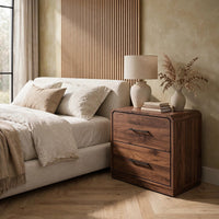 Fery Nightstand with 2 Drawers, Black Metal, Walnut Brown Wood 24 Inch-BM355697