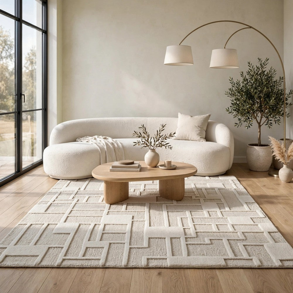 Risa Casual Medium Area Rug with Geometric Textured Design, Ivory Wool 5x7