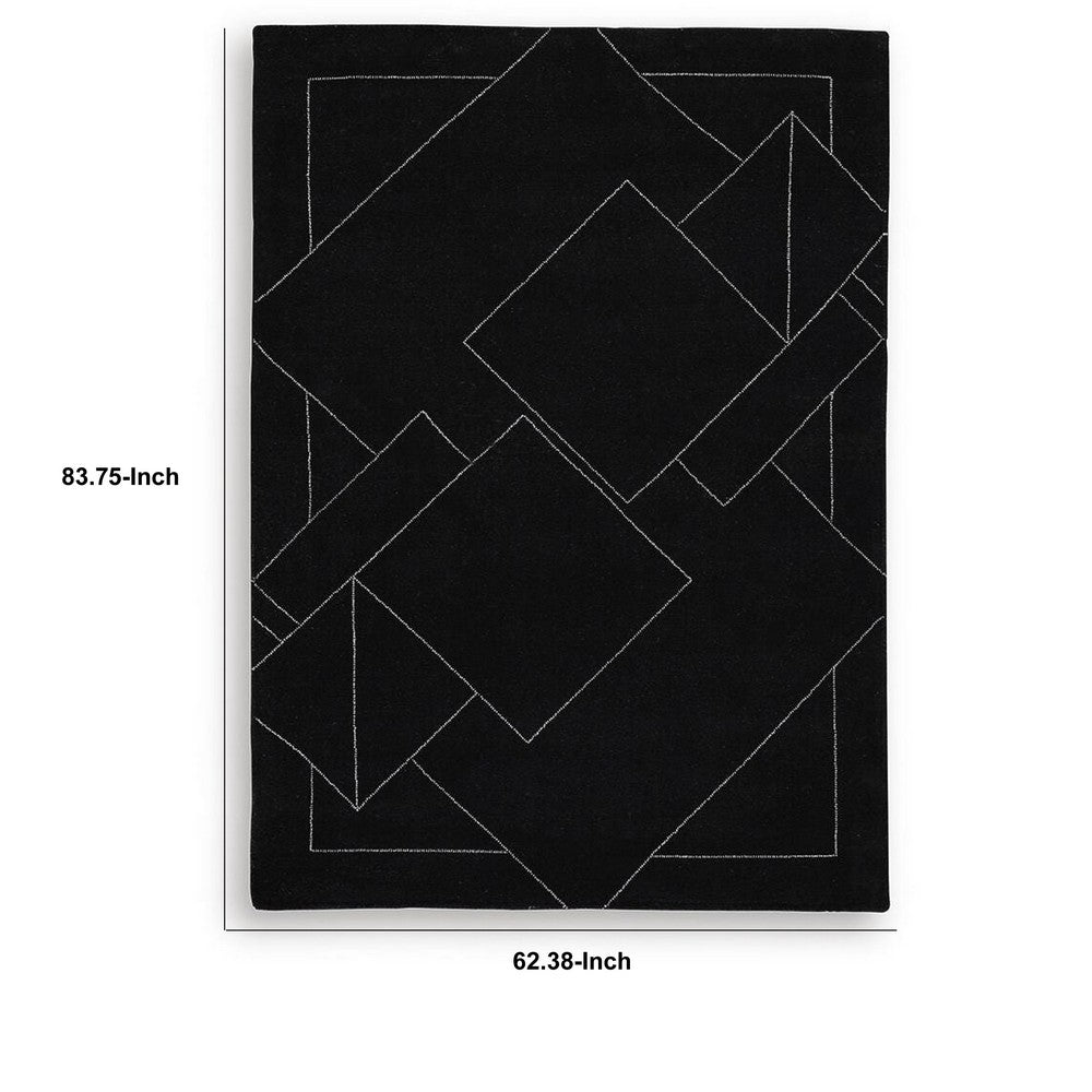 Maro Hand-Tufted Medium Area Rug with White Geometric Design, Black Wool 5x7