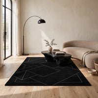 Maro Hand-Tufted Medium Area Rug with White Geometric Design, Black Wool 5x7