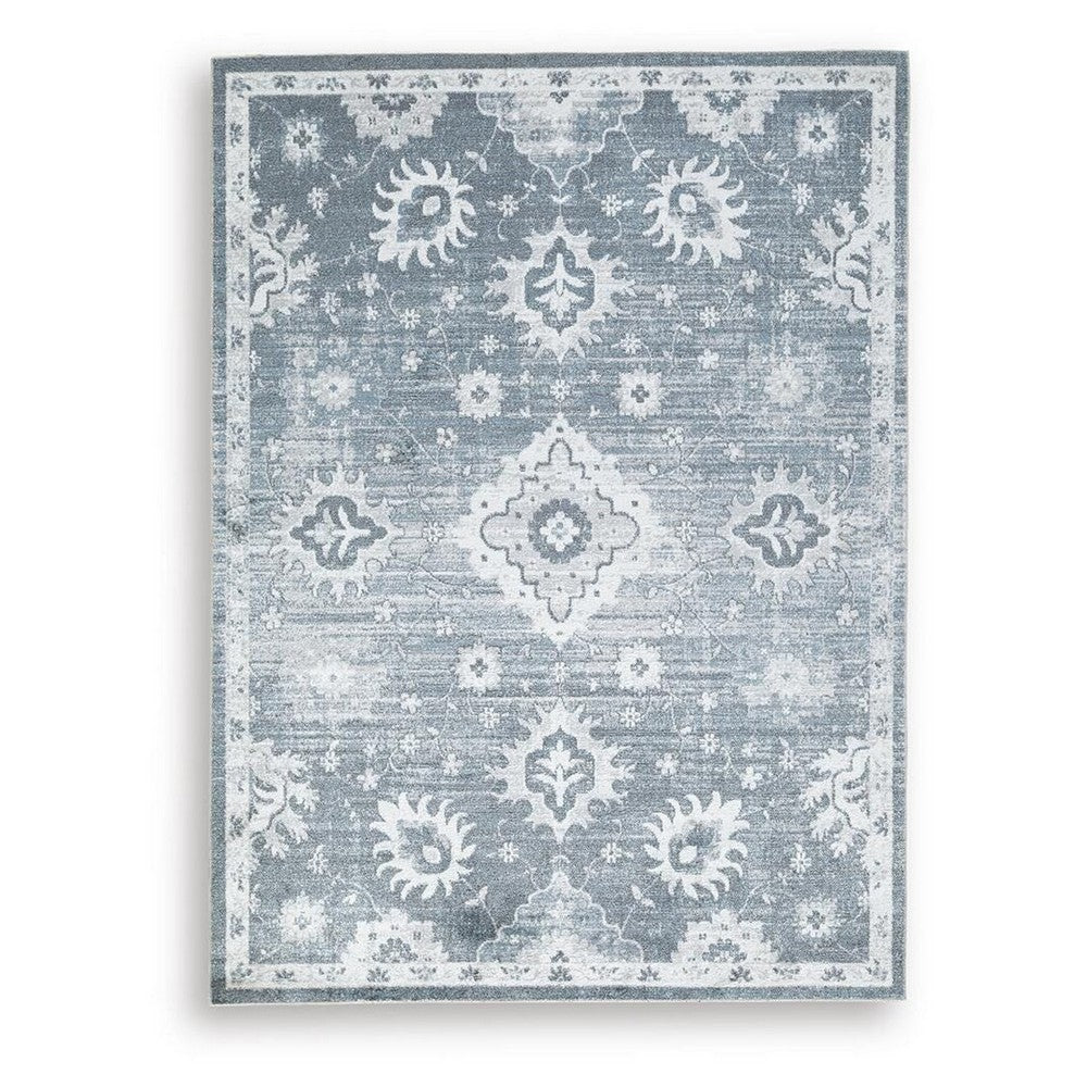 Avans Traditional Washable Large Area Rug, Gray-Ivory Motifs, Blue Polyester 8x10