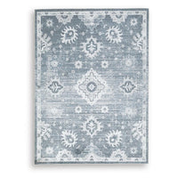 Avans Traditional Washable Large Area Rug, Gray-Ivory Motifs, Blue Polyester 8x10