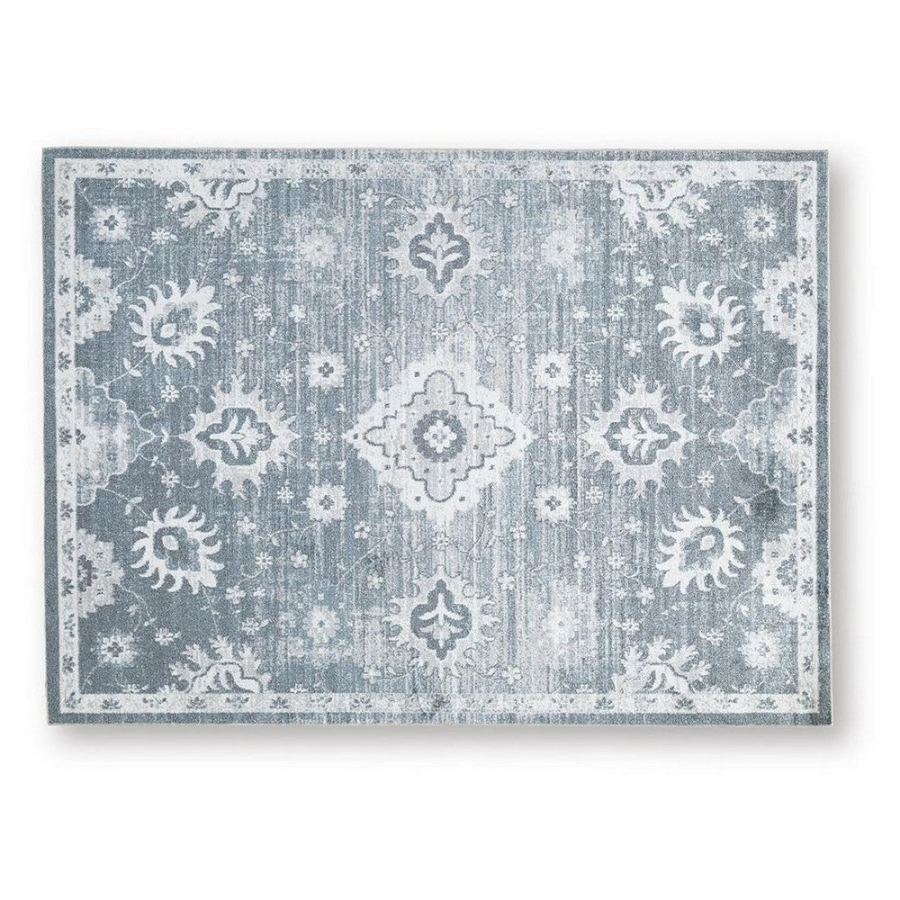 Avans Traditional Washable Large Area Rug, Gray-Ivory Motifs, Blue Polyester 8x10
